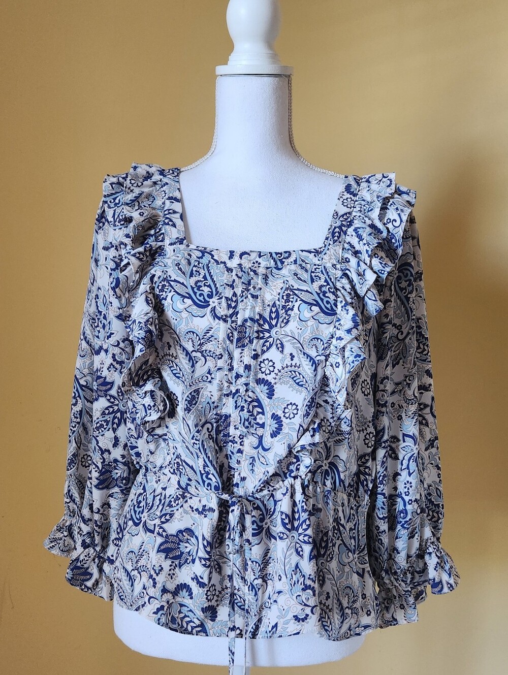 ECLAIR Blue White Paisley Ruffle Peasant Blouse Top S